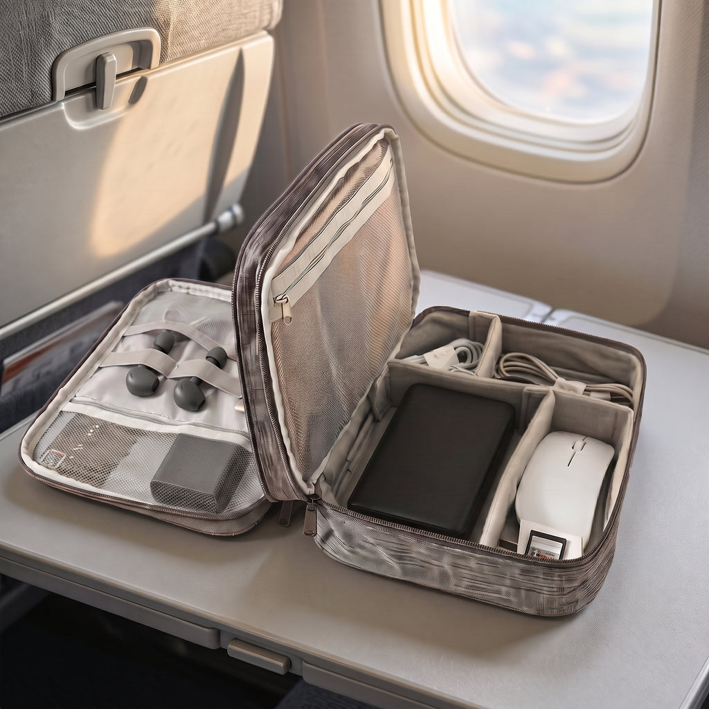 Stowmade tech organiser in grey, open on an aircraft tray table beside a window #Gray